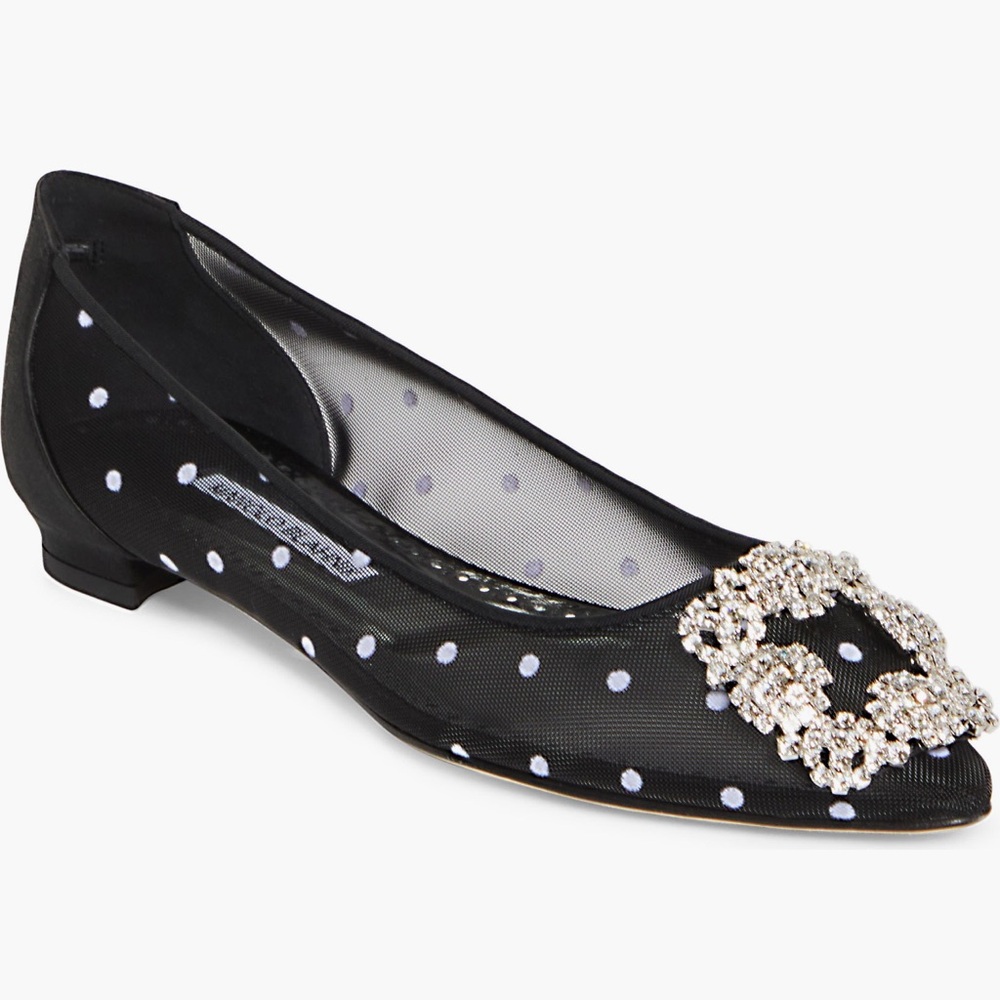 Manolo blahnik Hangisi Chrystal Buckle Black w/ White Polkadots Mesh Flats, NEW